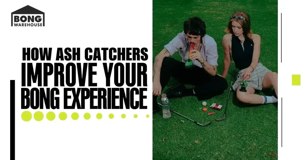 Two individuals enjoying a sunny day on the grass, using bongs, with golf items nearby.