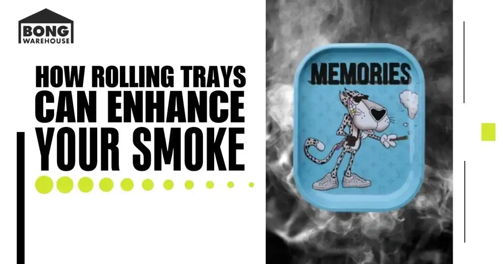 Bold text reads 'How Rolling Trays Can Enhance Your Smoke' with a blue tray and smoke.