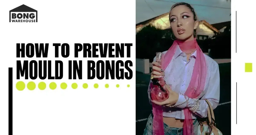 A stylish woman holds a pink bong outdoors at dusk, with bold text on preventing mould in bongs.