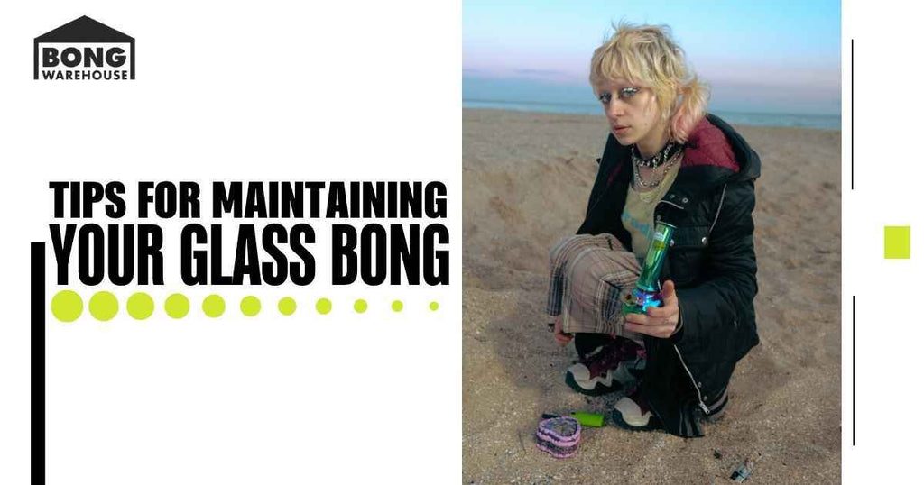 A young person sitting on a sandy beach holding a colorful glass bong, with text overlay.