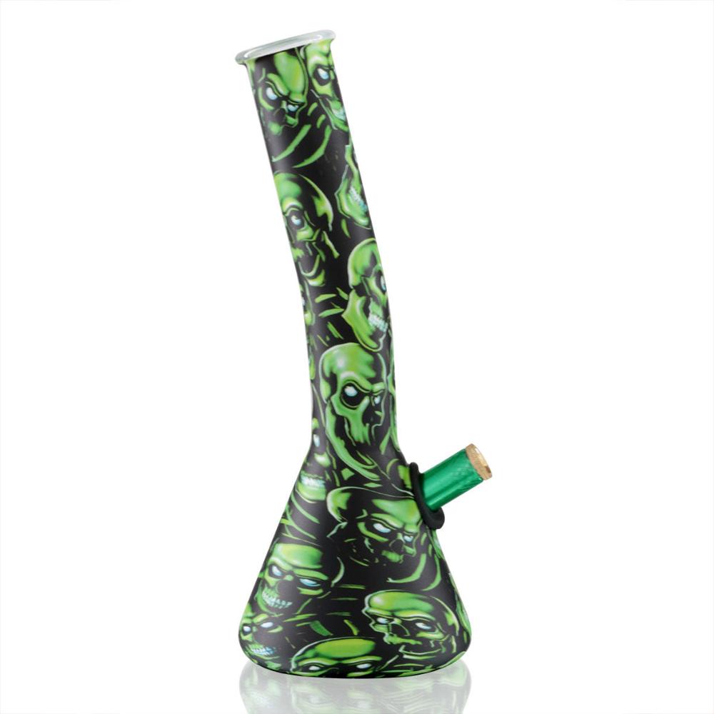 Bent Neck Beaker 27cm Glass Bong - Green Skull Pattern left