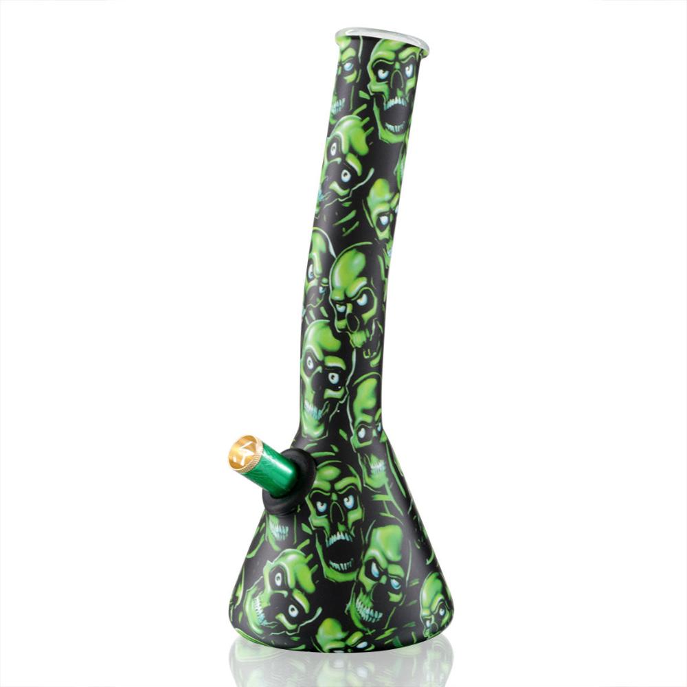 Bent Neck Beaker 27cm Glass Bong - Green Skull Pattern front