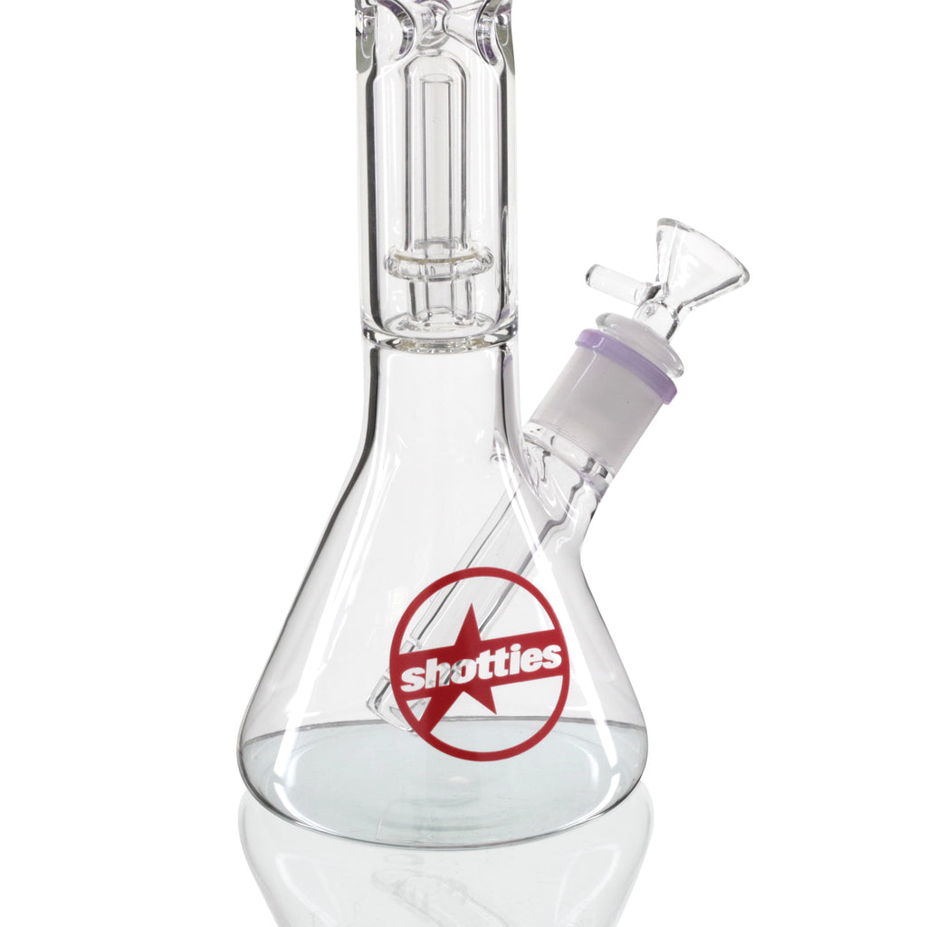 Shotties 30cm Single Fountain Glasss Beaker Bong - Clear/Purple base shotties logo