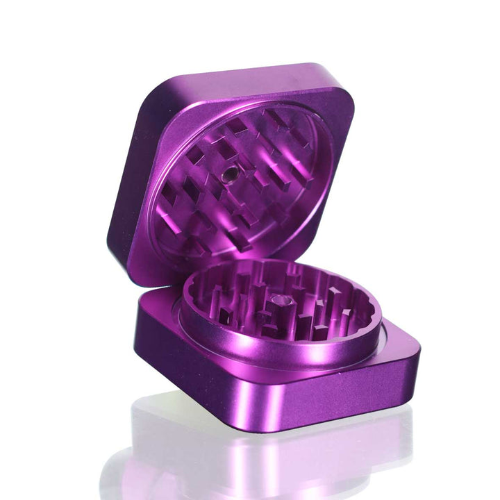 Square Stainless Steel Metal Herb Grinder - Purple open